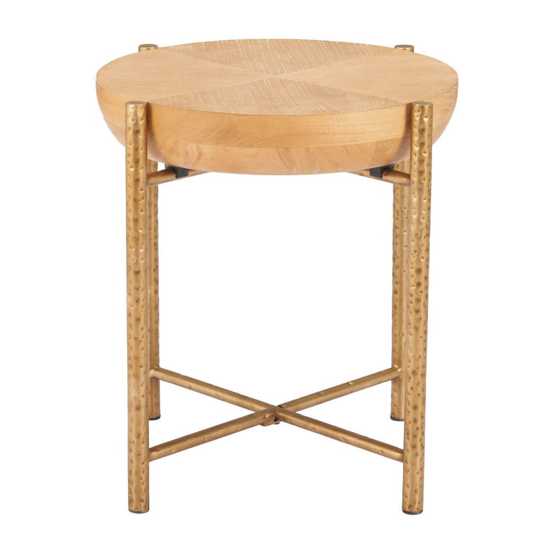 22" Wood And Stainless Steel Round End Table - Natural And Gold