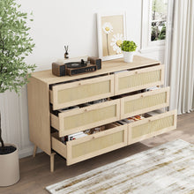 Load image into Gallery viewer, Rattan 6 Drawers Chest Of Dressers For Bedroom, Modern 6 Drawer Dresser, Wide Chest Of Drawers With Wood Handles, Rattan Dresser Storage Cabinet For Living Room, Bedroom, Hallway - Natural Wood / Oak
