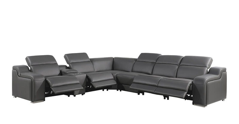 Italian Leather Power Reclining Curved Seven Piece Corner Sectional With Console - Gray