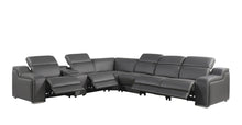 Load image into Gallery viewer, Italian Leather Power Reclining Curved Seven Piece Corner Sectional With Console - Gray
