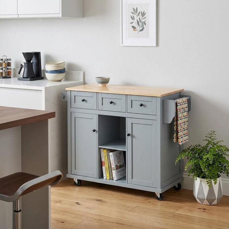 Brown And Wood Flat Door Rolling Kitchen Cart With Storage - Blue