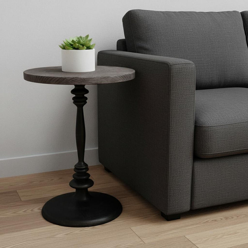 Distressed Solid Wood And Iron Round Pedestal End Table - Black