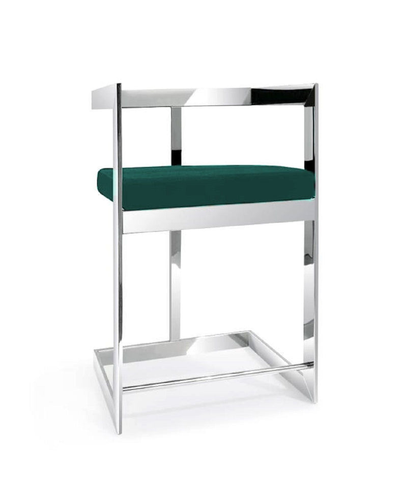 30" Metal And Velvet Low Back Bar Height Bar Chair - Green / Silver