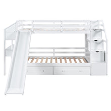 Load image into Gallery viewer, Twin over Twin Bunk Bed with Storage Staircase, Slide and Drawers, Desk with Drawers and Shelves, White
