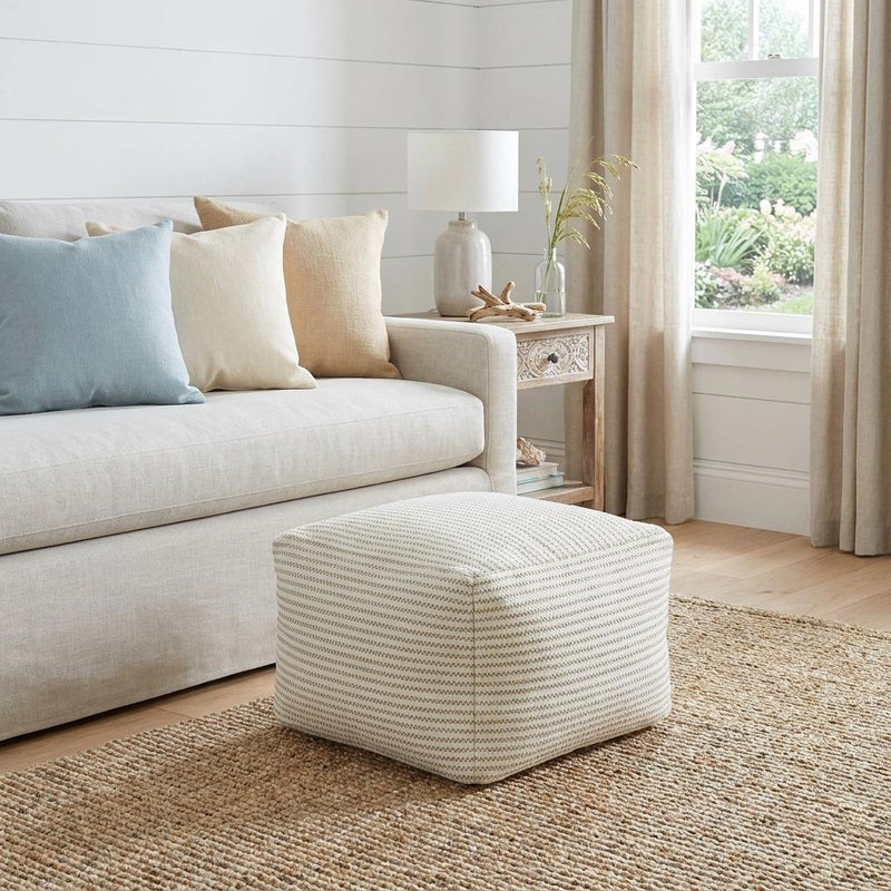 Cotton Blend Striped Cube Pouf Ottoman - Sage Green And Ivory