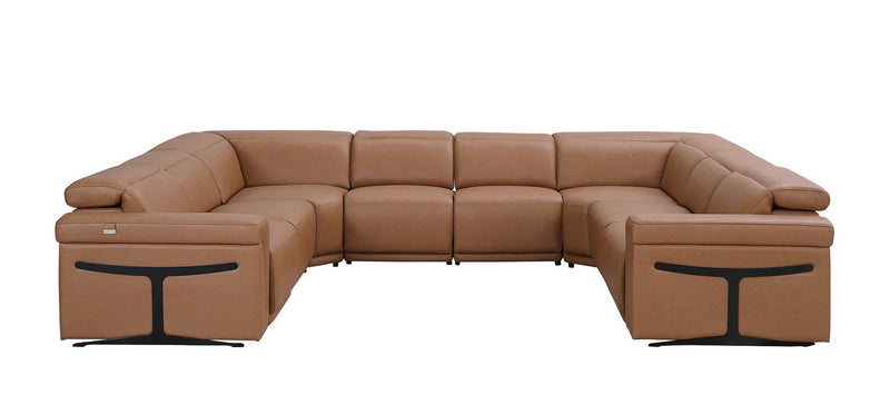 Italian Leather Power Reclining U Shaped Eight Piece Corner Sectional With Console - Chestnut