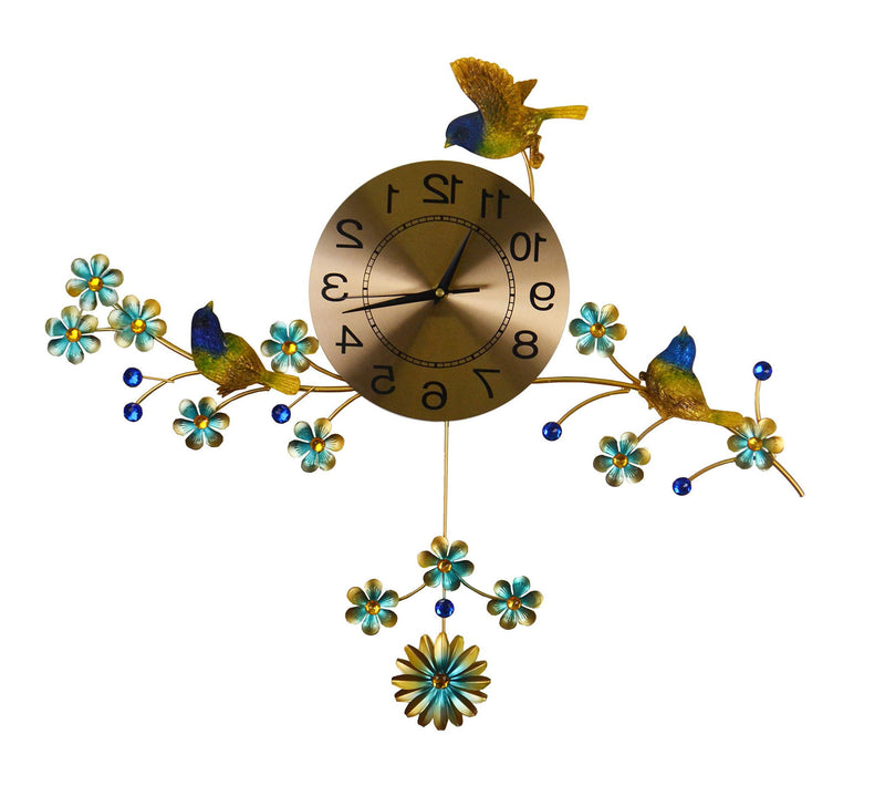 Silent Pendulum Floral Wall Clock - Blue / Green / Gold