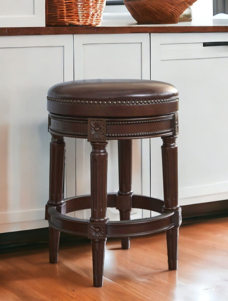 Brown Faux Leather Swivel Backless Counter Height Bar Chair - Dark Brown And Wood