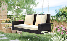 Load image into Gallery viewer, GO 2-Person Wicker Hanging Porch Swing with Chains, Cushion, Pillow, Rattan Swing Bench for Garden, Backyard, Pond. (Brown Wicker, Beige Cushion)
