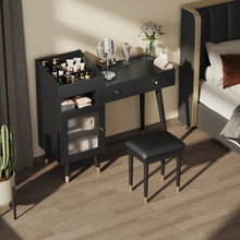 Load image into Gallery viewer, Modern Makeup Vanity Desk With Drawers Cabinet &amp; Charging Port Engineered Wood Space Saving Design For Small Places - Black
