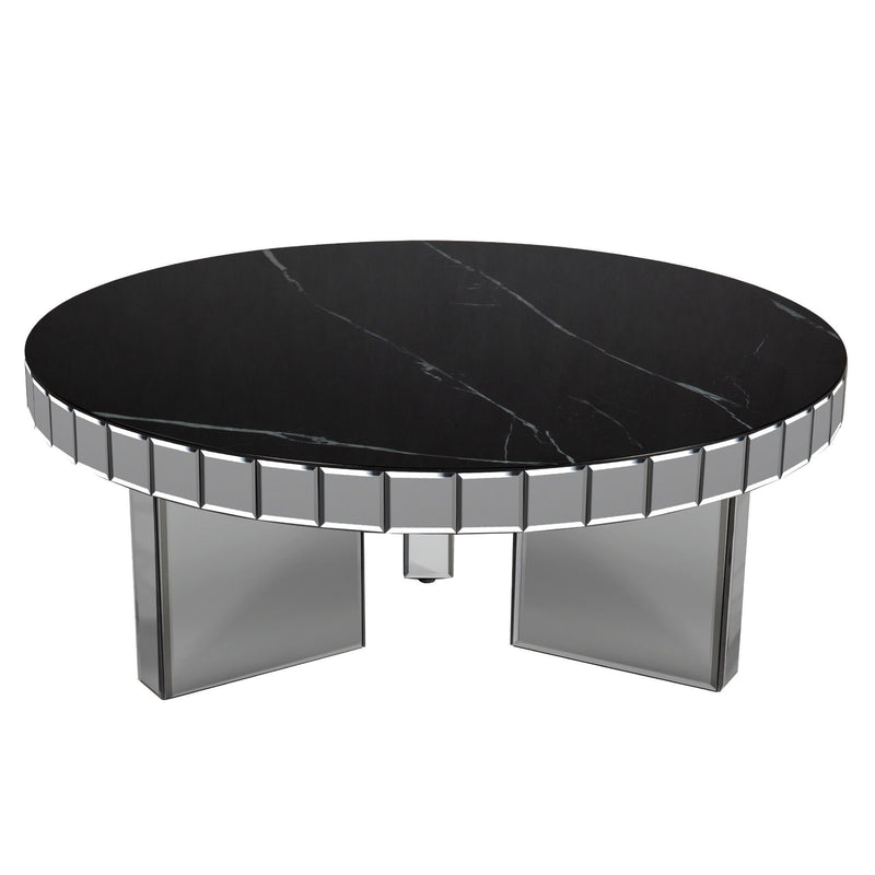 35" Mirro Glass And Faux Marble Round Coffee Table - Black