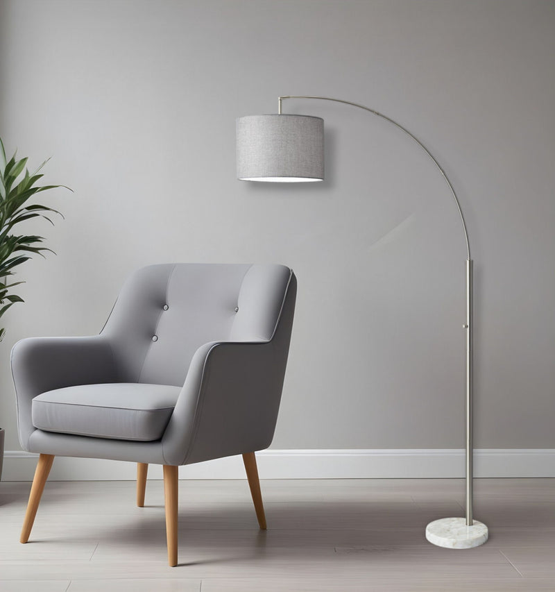 Reading Nook Floor Lamp Arc Arm Adjustable Gray Fabric Shade - Brushed Steel