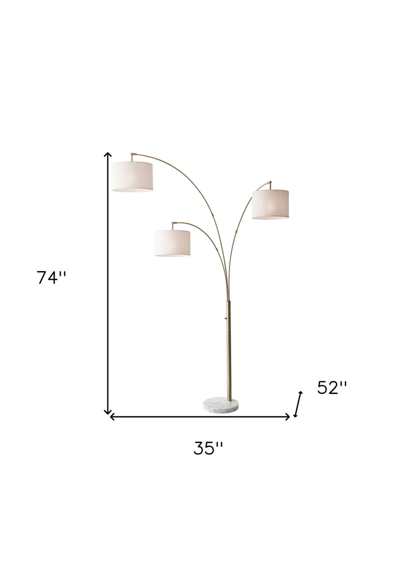 Three Light Arc Floor Lamp With Off-White Fabric Drum Shade - Brass