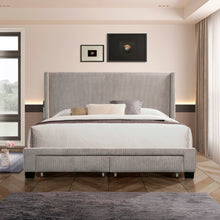 Load image into Gallery viewer, CORDUROY VELVET QUEEN FOOTBOARD DRAWER STORAGE UPHOLSTERED WINGBACK BED NO BOX SPRING REQUIRE GRAY
