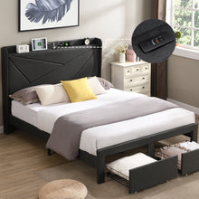 Load image into Gallery viewer, Queen Size Bed Frame with 2 Storage Drawers, Upholstered Bed Frame with Wingback Headboard Storage Shelf Built-in USB Charging Stations and Strong Wood Slats Support, No Box Spring Needed, Dark Gray
