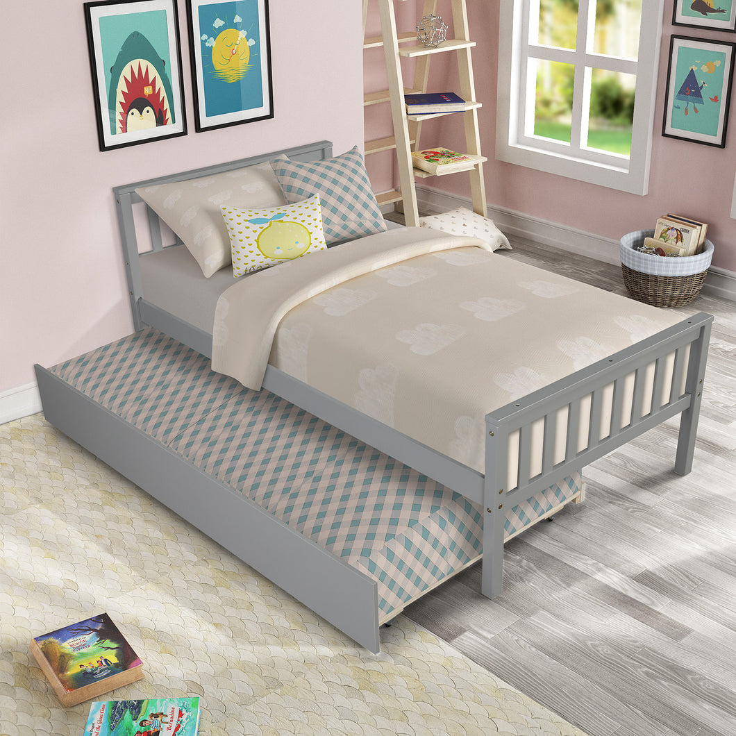 Twin Bed with Trundle, Platform Bed Frame with Headboard and Footboard, for Bedroom Small Living Space,No Box Spring Needed,Grey