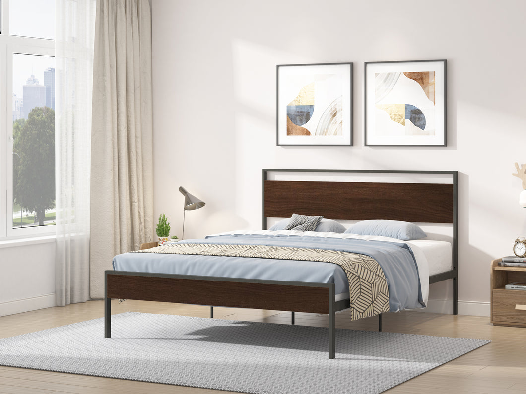 Ceres Metal Bed, Black with Walnut Wood Headboard&Footboard, Queen