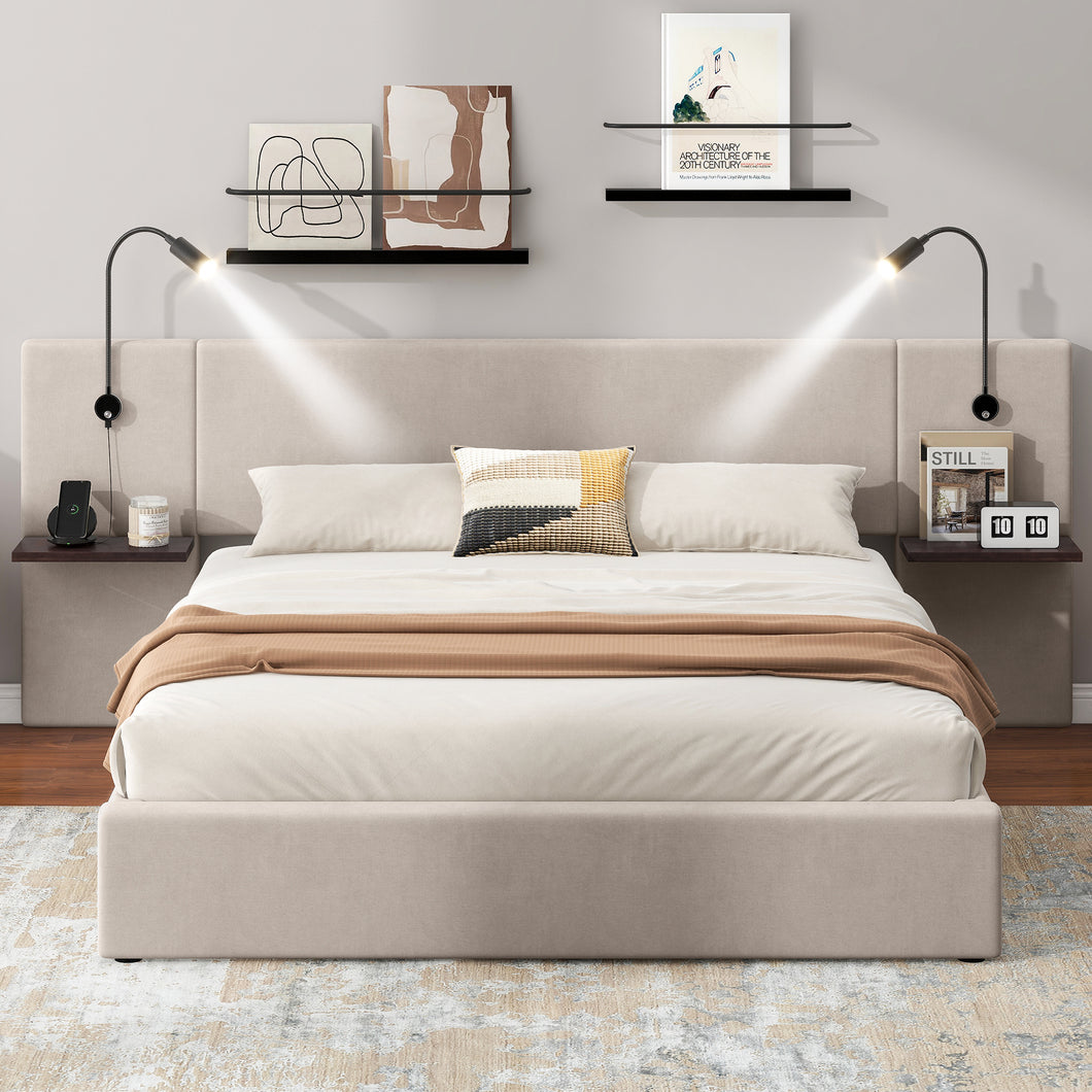 Full Size Storage Upholstered Hydraulic Platform Bed with 2 Shelves, 2 Lights and USB, Beige