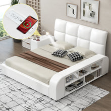 Load image into Gallery viewer, Queen Size Upholstered Platform Bed with Multimedia Nightstand and Storage Shelves, White
