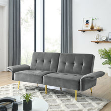 Load image into Gallery viewer, 78&quot; Italian Velvet Futon Sofa Bed, Convertible Sleeper Loveseat Couch with Folded Armrests and Storage Bags for Living Room and Small Space, Grey 280g velvet
