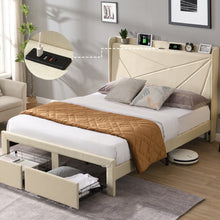 Load image into Gallery viewer, Full Size Bed Frame with 2 Storage Drawers, Upholstered Bed Frame with Wingback Headboard Storage Shelf Built-in USB Charging Stations and Strong Wood Slats Support, No Box Spring Needed, Beige
