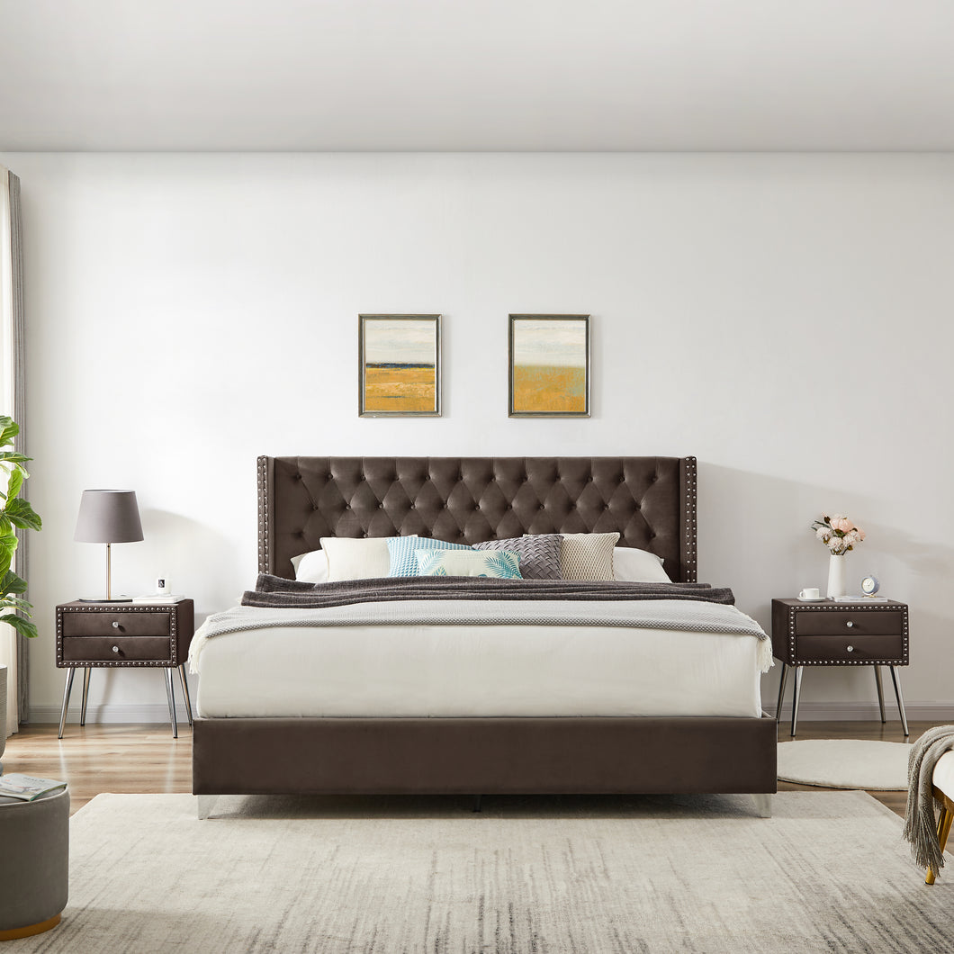 B100S King bed with two nightstands, Button designed Headboard,strong wooden slats + metal legs with Electroplate