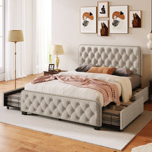 Upholstered Platform Bed Frame with Four Drawers, Button Tufted Headboard and Footboard Sturdy Metal Support, No Box Spring Required, Beige, Full (Old sku:BS300281AAA)