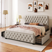 Load image into Gallery viewer, Upholstered Platform Bed Frame with Four Drawers, Button Tufted Headboard and Footboard Sturdy Metal Support, No Box Spring Required, Beige, Queen (Old sku:BS300279AAA)
