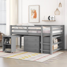 Load image into Gallery viewer, Low Study Full Loft Bed with Cabinet ,Shelves and Rolling Portable Desk ,Multiple Functions Bed- Gray
