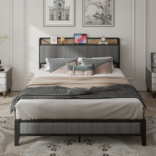 Load image into Gallery viewer, Queen Size Bed Frame with Charging Station, Upholstered Headboard, Metal Platform, Grey
