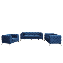 Load image into Gallery viewer, Modern 3-Piece Sofa Sets with Sturdy Metal Legs,Velvet Upholstered Couches Sets Including Three Seat Sofa, Loveseat and Single Chair for Living Room Furniture Set,Blue
