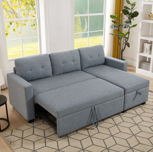 Upholstered Pull Out Sectional Sofa with Storage Chaise, Convertible Corner Couch, Light Grey