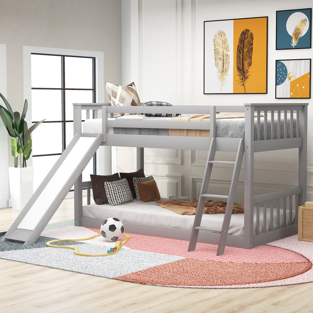 Twin over Twin Bunk Bed with Convertible Slide and Ladder, Gray