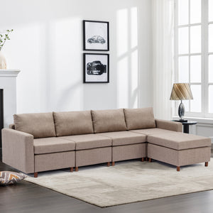 4 Seat Module Sectional Sofa Couch With 1 Ottoman for living room,Seat Cushion and Back Cushion Non-Removable and Non-Washable,Brown