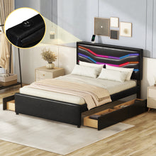 Load image into Gallery viewer, Queen Size Upholstered Storage Platform Bed with LED, 4 Drawers and USB Charging, Black
