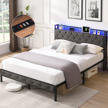 Load image into Gallery viewer, Queen Bed Frame with Storage Headboard, Charging Station and LED Lights, Upholstered Platform Bed with Heavy Metal Slats, No Box Spring Needed, Noise Free, Easy Assembly, Dark Gray
