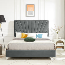 Load image into Gallery viewer, B108 Queen bed Beautiful line stripe cushion headboard , strong wooden slats + metal support feet, Gray Flannelette
