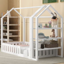 Load image into Gallery viewer, Twin Size Wood House Bed with Fence and Detachable Storage Shelves, White
