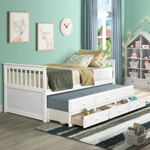 TOPMAX Captain's Bed Twin Daybed with Trundle Bed and Storage Drawers, White