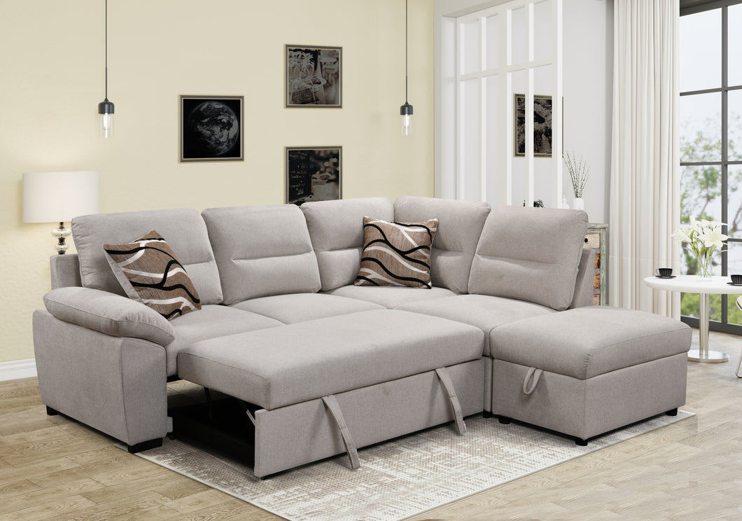 95'' Sectional Sofa with Ultra Soft Back Cushion,Sleeper Sectional Sofa with Pull Out Couch Bed and Storage Ottoman,Beige