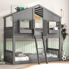 Load image into Gallery viewer, Twin over Twin House Bunk Bed with Roof , Window, Window  Box, Door , with Safety Guardrails and Ladder, Grey
