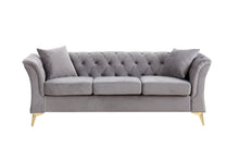 Load image into Gallery viewer, Modern Chesterfield Curved Sofa Tufted Velvet Couch 3 Seat Button Tufed Couch with Scroll Arms and Gold Metal Legs Grey
