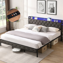 Load image into Gallery viewer, King Bed Frame with Storage Headboard, Charging Station and LED Lights, Upholstered Platform Bed with Heavy Metal Slats, No Box Spring Needed, Noise Free, Easy Assembly, Dark Gray

