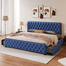 Load image into Gallery viewer, Upholstered Platform Bed Frame with Four Drawers, Button Tufted Headboard and Footboard Sturdy Metal Support, No Box Spring Required, Blue, King (Old sku: BS300277AAC)
