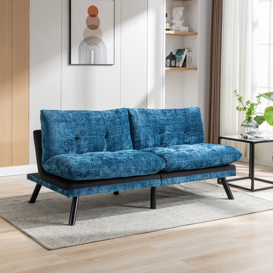 Convertible Sofa Bed  Loveseat Futon Bed Breathable Adjustable Lounge Couch with Metal Legs,Futon Sets for Compact Living Space  Chenille-Blue