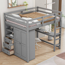 Load image into Gallery viewer, Wood Full Size Loft Bed with Built-in Wardrobe, Desk, Storage Shelves and Drawers, Gray
