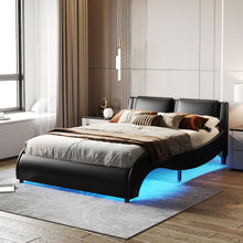 Load image into Gallery viewer, Queen Size Upholstered Faux Leather Platform Bed with LED Light Bed Frame with Slatted - Black
