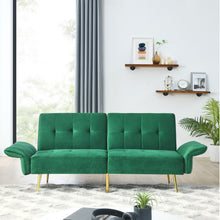 Load image into Gallery viewer, 78&quot; Italian Velvet Futon Sofa Bed, Convertible Sleeper Loveseat Couch with Folded Armrests and Storage Bags for Living Room and Small Space, Green 280g velvet
