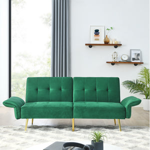 78" Italian Velvet Futon Sofa Bed, Convertible Sleeper Loveseat Couch with Folded Armrests and Storage Bags for Living Room and Small Space, Green 280g velvet