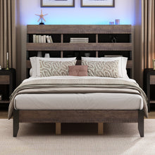 Load image into Gallery viewer, Mid Century Modern Style Queen Bed Frame with Bookshelf and LED Lights and USB Port, Walnut and Black
